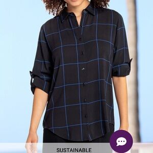 Black and Blue Checkered Button-up Long Sleeve Blouse by Lascana, Size 8/10